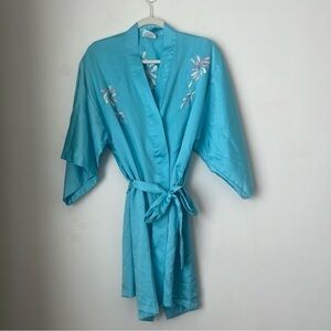 Vintage 90s Elyse of California Blue Satin Floral Embroidered Robe S